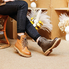 Socofy Classic Leather Mid Heel Short Martin Boots