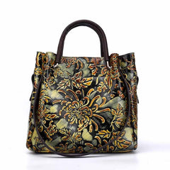Socofy Top Grain Leather Sculpted Floral Tote Bag