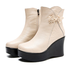 Socofy Full Grain Leather Printed Chunky Sole Short Boots