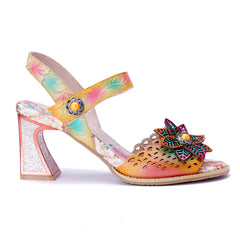 Socofy Summer Handmade Leather Cutout Floral High Heel Sandals