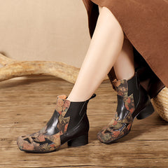 Socofy Handmade Leather Chinese Style Square Toe Engraved Short Boots