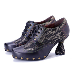 Socofy Fall Winter Handmade Leather Patchwork Print Studded High Heel Shoes