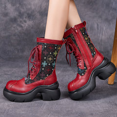Socofy Full Grain Leather Retro Floral Thick Sole Short Boots