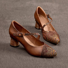 Socofy Handcrafted Retro Leather Pointed Toe Mid Heel Shoes