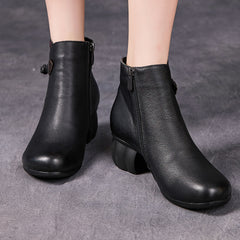 Socofy Full Grain Leather Mid Heel Short Boots