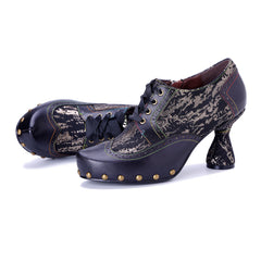 Socofy Fall Winter Handmade Leather Patchwork Print Studded High Heel Shoes