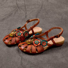 Socofy Handmade Leather Floral Closed Toe Low Heel Sandals