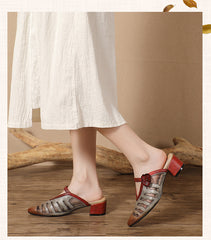 Socofy Vintage Handmade Leather Floral Cutout Pointed Toe Mid Heel Slipper