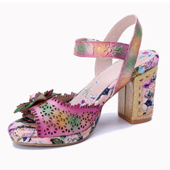 Socofy Baroque Cutout Flower High Heel Sandals
