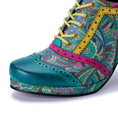 Socofy Handmade Leather Patchwork Printed High Heel Shoes