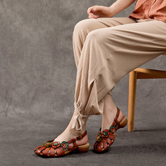 Socofy Handmade Leather Floral Closed Toe Low Heel Sandals
