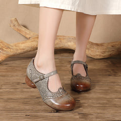 Socofy Vintage Handmade Leather Floral Carved Hollow Mid Heel Shoes