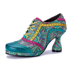 Socofy Handmade Leather Patchwork Printed High Heel Shoes
