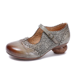Socofy Vintage Handmade Leather Floral Carved Hollow Mid Heel Shoes