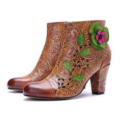 Socofy Handmade Leather Retro Print Side Zip Chunky Heel Boots