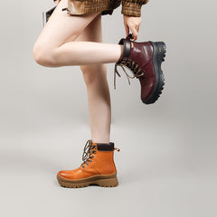 Socofy Retro Leather Thick Sole Mid Heel Martin Boots