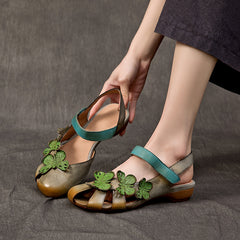 Socofy Handmade Leather Butterfly Closed Toe Low Heel Sandals