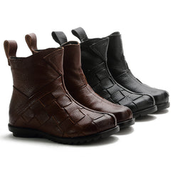Socofy Top Grain Leather Flat Ankle Boots