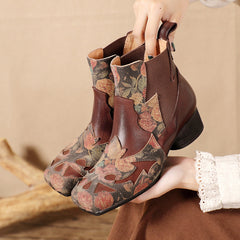 Socofy Handmade Leather Chinese Style Square Toe Engraved Short Boots