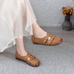 Socofy Vicconfy 2025 Summer Retro Leather Breathable Comfortable Soft Sole Casual Women's Flat Shoes