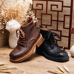 Socofy Retro Leather Mid Heel Martin Boots