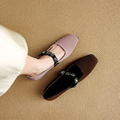 Socofy Autumn Square Toe Sheepskin Metal Buckle Chunky Heel Shoes