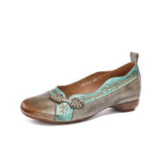 Socofy Handmade Leather Round Toe Low Heel Flats