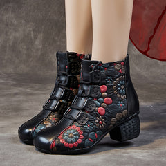 Socofy Top Grain Leather Chunky Heel Short Boots