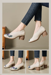 Socofy Leather Embroidered Purple Bloom Mid Heel Shoes