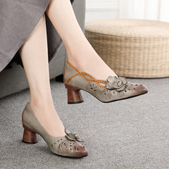 Socofy Handmade Leather Pointed Toe Chunky Heel Floral Cutout Sandals