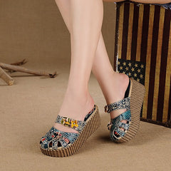 Socofy Leather Ethnic Style Candy Colored Platform Slippers
