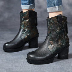 Socofy Full Grain Leather High Heel Short Boots