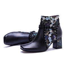 Socofy Retro Grace Handmade Leather Chunky Heel Boots