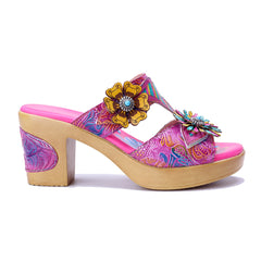 Socofy Retro Handmade Leather Flower High Heel Slippers
