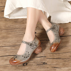 Chic Round Toe and Cutout Design Retro Soft Leather Mid Heel Shoes