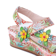 Socofy Handmade Leather Retro Floral Sandals