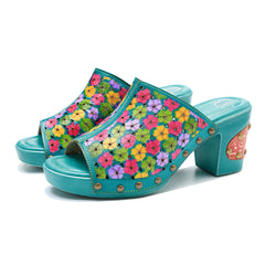 Socofy leather rubbed colour vintage floral casual fashion high heeled sandals