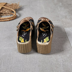 Socofy Handmade Ethnic Style Leather Floral Platform Slippers