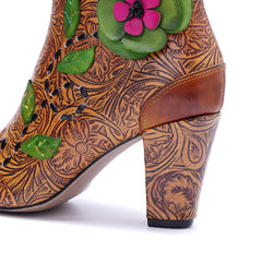 Socofy Handmade Leather Retro Print Side Zip Chunky Heel Boots