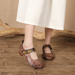 Socofy Summer Breeze Retro Handmade Leather Low Heel Flats