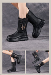 Socofy Top Grain Leather Retro Floral Embroidery Boots