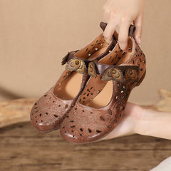 Socofy Summer Breeze Retro Handmade Leather Low Heel Flats