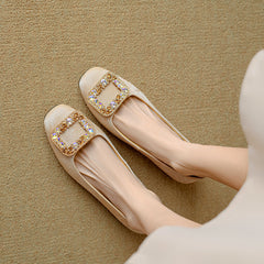 Socofy Leather Rhinestone Square Toe Chunky Heel Flats