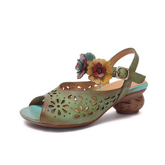 Socofy Retro Handmade Leather Floral Cutout Peep Toe Mid Heel Sandals