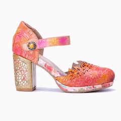 Socofy Handmade Leather Retro Carved High Heels