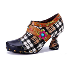 Socofy Retro Plaid Leather Handmade High Heel Shoes