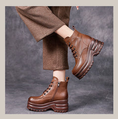 Socofy Top Grain Leather Retro Platform Short Boots