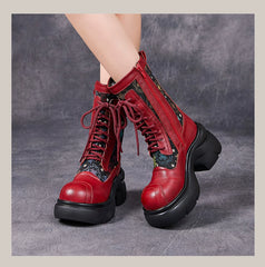 Socofy Full Grain Leather Retro Floral Thick Sole Short Boots