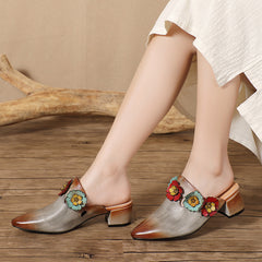 Socofy Retro Design Handcrafted Leather Low Heel Open Toe Slipper