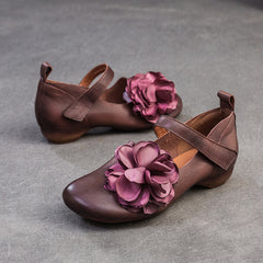 Socofy Vintage Top Grain Leather Flower Flats